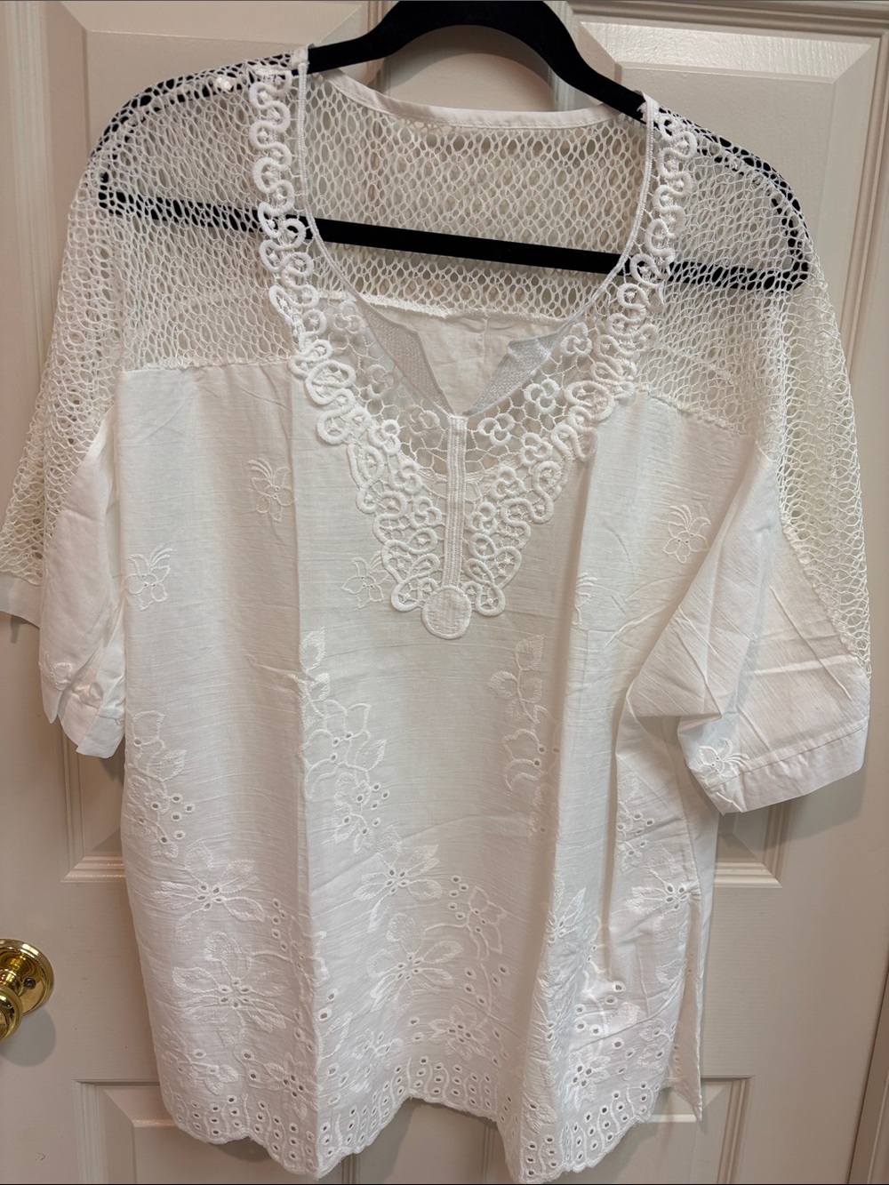 White CottonEmbroidered Crochet Yoke Blouse